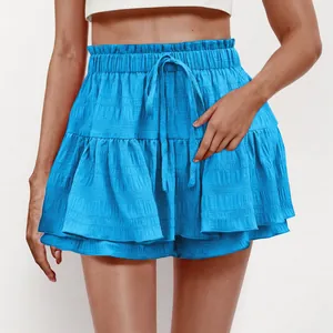 Gonna pantalone blu a balze con volant e coulisse regolabile per donna per l'estate