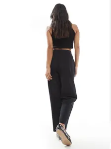 Back view of elegant black high-waisted straight trousers for women's office wear