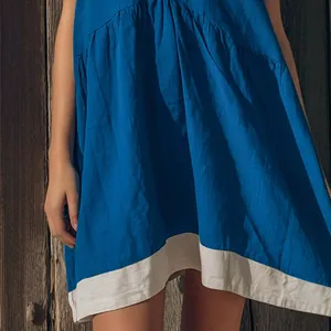 Robe courte bicolore en coton et lin pour l'été, style trapèze décontracté plage