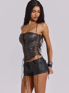 American Retro Faux Leather Lace Up Corset Top Women Y2K Distressed PU Leather Sexy Slim Fit Strapless Bandage Tank Top Party Streetwear