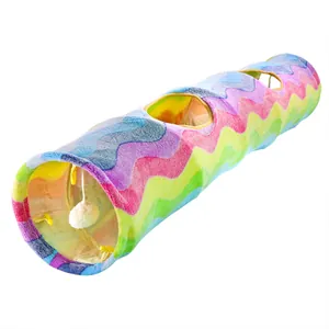Vibrant rainbow color foldable plush cat tunnel toy with hanging ball and peep holes