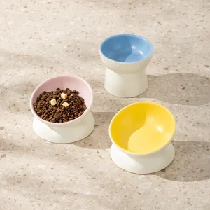 Gamelle Élevée en Céramique pour Chats Chiens Pied Haut Bouche Oblique Plate Protection du Cou Gamelle d'Eau et Nourriture