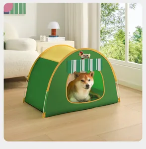 Cozy green all-season pet tent for dogs and cats shown with Shiba Inu inside in home