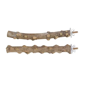 Natural wood bird perch stand for bird cages featuring secure metal screw attachment