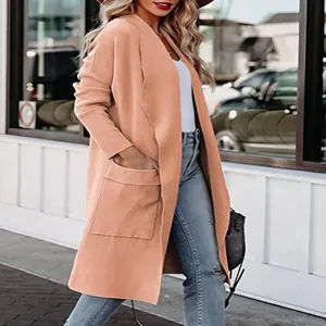 Elegant long salmon pink open front cardigan with pockets for women casual autumn style