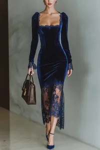 Elegant French style dark blue velvet dress with intricate lace detailing for women