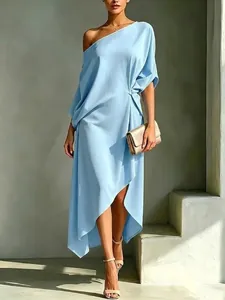 Elegant light blue one-shoulder maxi dress with asymmetrical hem and batwing sleeves