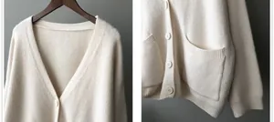Macro detail shots of a soft cream V-neck knit cardigan featuring large pockets and buttons.