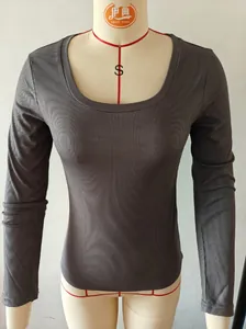 Close-up of a grey slim-fit ribbed long-sleeve T-shirt with U-neck on mannequin