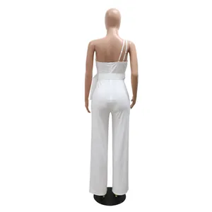 Back view of a chic white one-shoulder jumpsuit with wide leg design on a mannequin