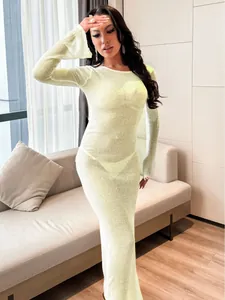 Sexy long-sleeved beach cover-up maxi dress in translucent lime green knit fabric