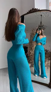 Front and back detail of a vibrant turquoise two-piece ribbed knit set with wide-leg trousers