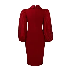 Back view of burgundy pencil dress featuring sheer mesh puff sleeves and hidden zipper.