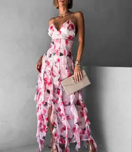 Elegant floral print chiffon evening dress with ruffled hem and deep V-neckline