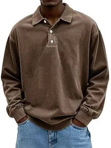 Mens loose long sleeve polo shirt in vintage washed brown color with button collar