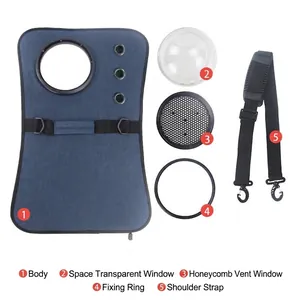 Components of a portable pet space capsule carrier bag including dome window and strap.