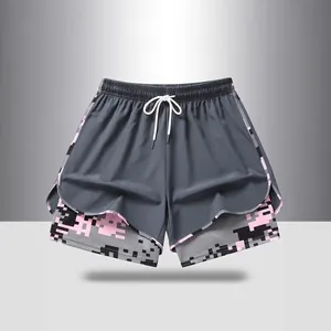 Pantaloncini sportivi grigi da donna con design a doppio strato e fodera pixel rosa