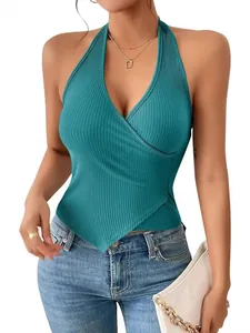 Teal ribbed halter neck wrap tank top with asymmetrical hem and backless design