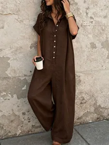 Chic linen-textured button-down loose jumpsuit in dark brown, perfect for summer style.