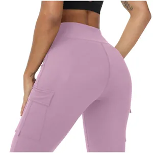 Premium high-waisted yoga leggings featuring functional cargo pockets in mauve pink