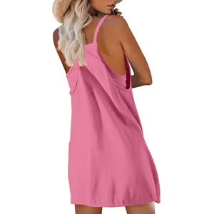 Back view of a casual pink sleeveless V-neck camisole dress for women's summer wear.