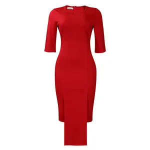 Elegant red bodycon midi dress with elbow sleeves and front panel detail for office wear