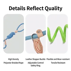 Durable braided polyester dog leash with adjustable leather stopper and safety loop.
