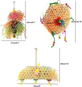 Detailed dimensions for three types of colorful parrot foraging and chewing toys