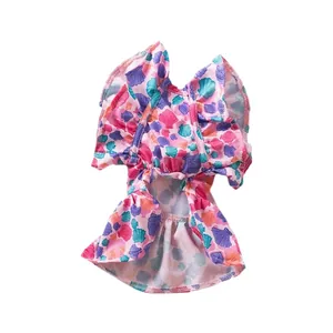 Breathable pink pet summer dress featuring vibrant shell print for small dogs and cats