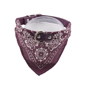 Detail view of purple paisley pet bandana collar with PU leather strap and D-ring.
