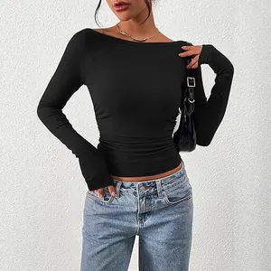 Top corto chic da donna a maniche lunghe con scollo a barchetta in maglia a coste