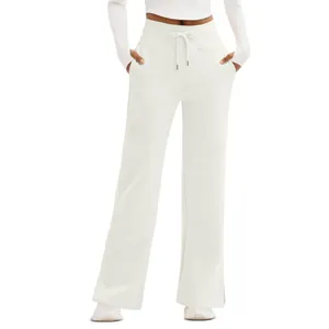 Women's high-waisted wide-leg leisure pants in crisp white finish for a clean minimalist look.