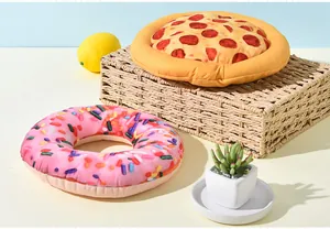 Plush squeaky dog toys in realistic pizza and donut designs for pet interactive play