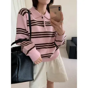 Pull-over en Tricot Rayé à Col Polo Style Coréen pour Femmes Manches Longues Décontracté Haut en Tricot Automne Hiver