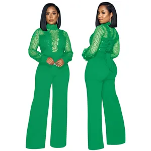 Mono verde con lentejuelas encaje y mangas largas de malla para fiesta