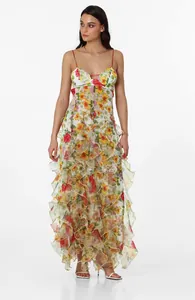 Elegant floral chiffon maxi dress with ruffled tiers and thin spaghetti straps for women.