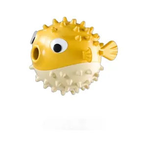 Durable yellow pufferfish shaped dog treat dispenser and chew toy for dental cleaning
