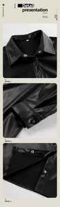Detailed views of black PU leather jacket showing collar, cuff, and inner lining texture