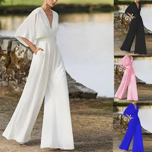 Tuta elegante a gamba larga con scollo a V e maniche a campana in quattro tonalità