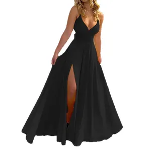 Elegante vestido maxi negro sin espalda con cuello en V y abertura alta