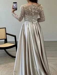 Elegant back view detail of a long-sleeved sequined evening gown with a pleated satin skirt