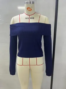 Detail of a navy blue off-shoulder ribbed knit sweater on a mannequin form.