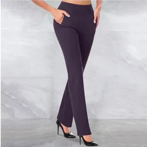 Detailed view of women's purple high waisted tummy control yoga pants with pockets