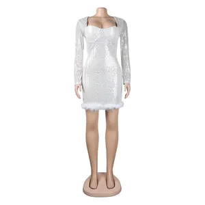 Sexy white sequin mini dress with elegant feather trim and long sleeves for party