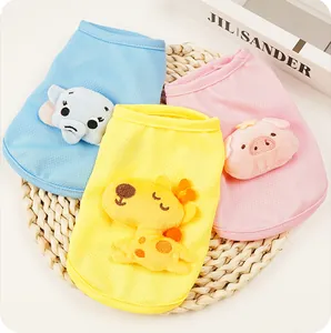 Close-up of cute summer mesh pet vests with plush elephant, giraffe, and pig decorations.