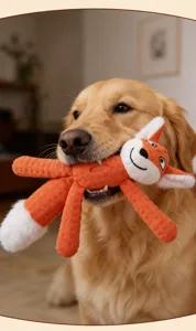 Golden retriever tiene in bocca un gioco di peluche a forma di volpe con imbottitura in cotone.