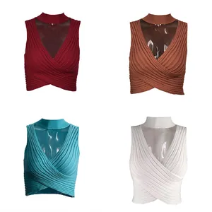 Stylish slim fit halter neck knitted crop top with criss-cross front in four colors