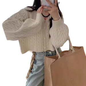 Stylish cream-colored cable-knit short cardigan for women, loose fit autumn knitwear