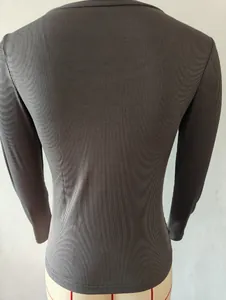 Back view of a gray slim-fit ribbed long-sleeve T-shirt with fine vertical texture
