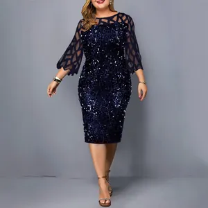 Marineblaues Pailletten-Partykleid in Übergröße mit geometrischen Netzärmeln